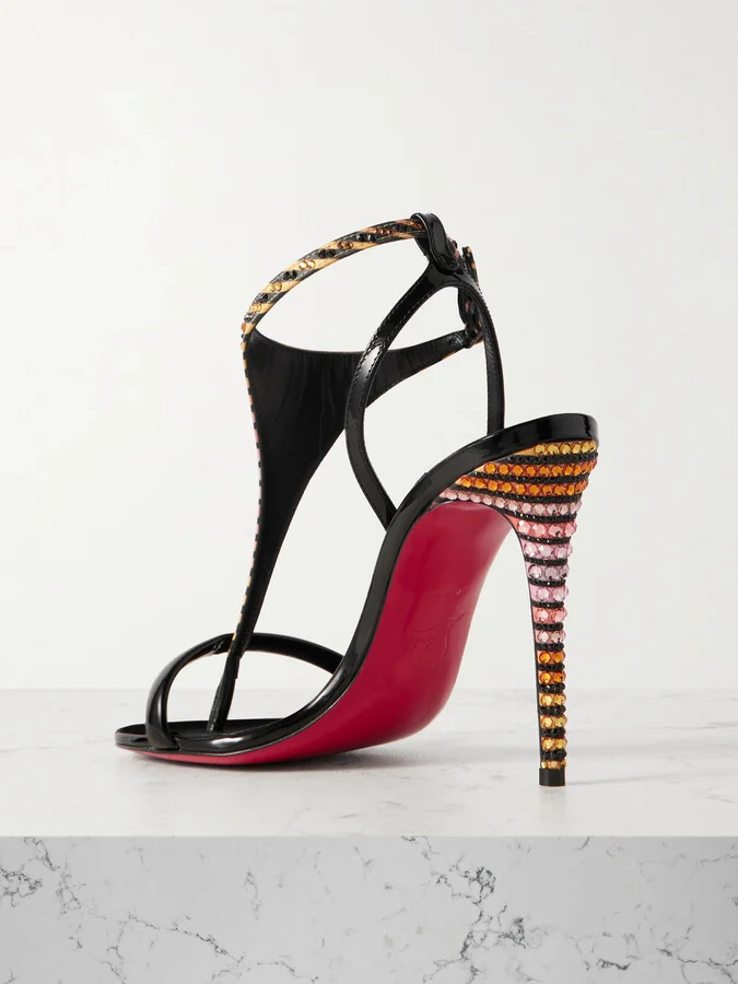 Christian Louboutin - Athina 100 Patent Leather-trimmed Crystal-embellished Striped Satin Sandals - Black - Image 3