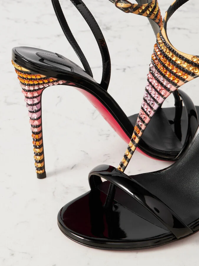 Christian Louboutin - Athina 100 Patent Leather-trimmed Crystal-embellished Striped Satin Sandals - Black - Image 4