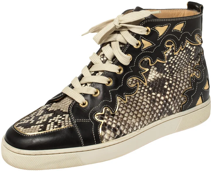 Christian Louboutin Black/Beige Leather And Python Rantus Orlato High Top Sneakers Size 41