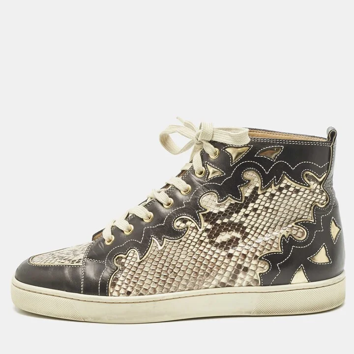 Christian Louboutin Black/Beige Leather And Python Rantus Orlato High Top Sneakers Size 43
