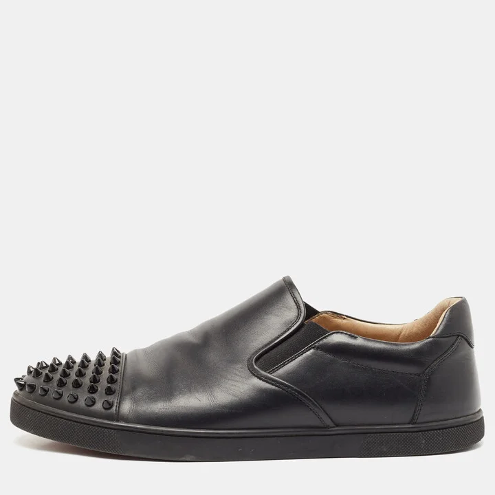 Christian Louboutin Black Leather Boat Spike Slip On Sneakers Size 41