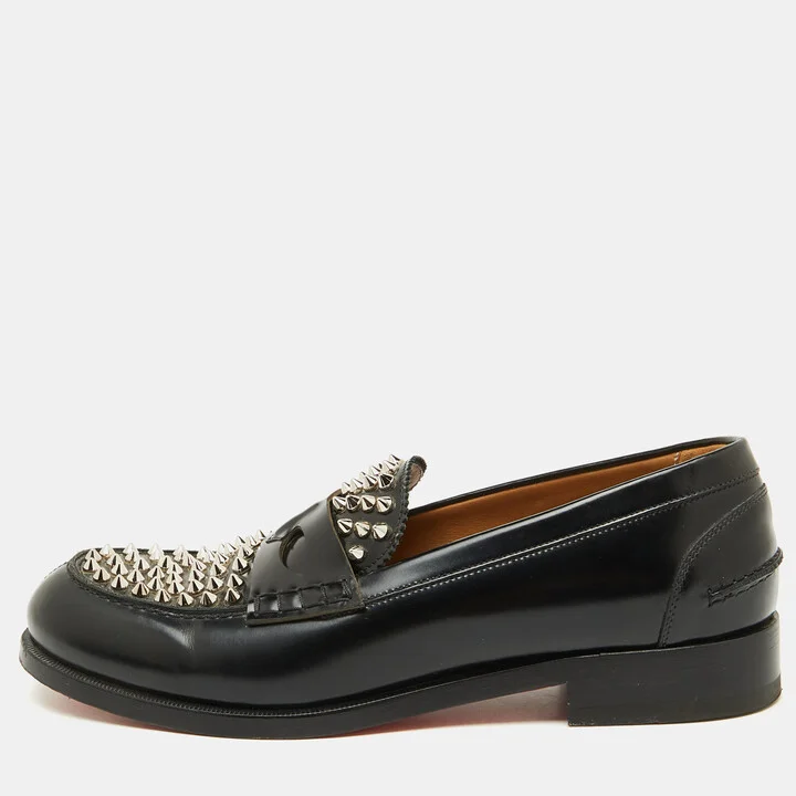 Christian Louboutin Black Leather Montezu Spikes Loafers Size 41
