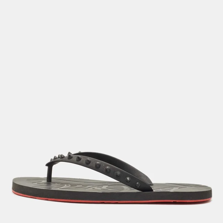 Christian Louboutin Black Rubber Loubi Tonal Spikes Flip Flops Size 41