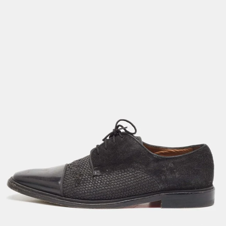 Christian Louboutin Black Suede Leather and Woven Raffia Greggo Cap Top Lace Derby Size 41