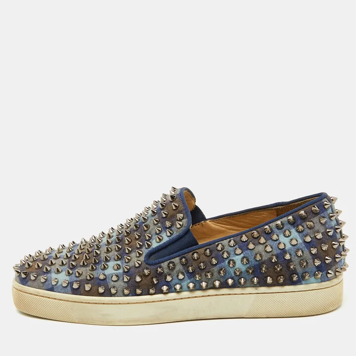Christian Louboutin Blue Check Canvas Dandelion Spike Slip On Sneakers Size 41