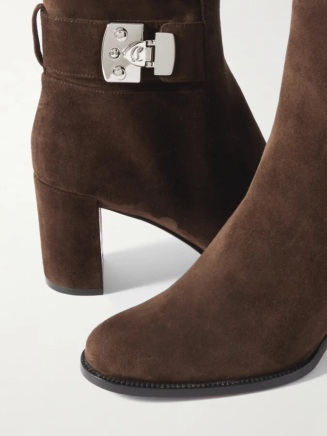 Christian Louboutin - Booty Lock 70 Embellished Suede Ankle Boots - Brown - Image 4