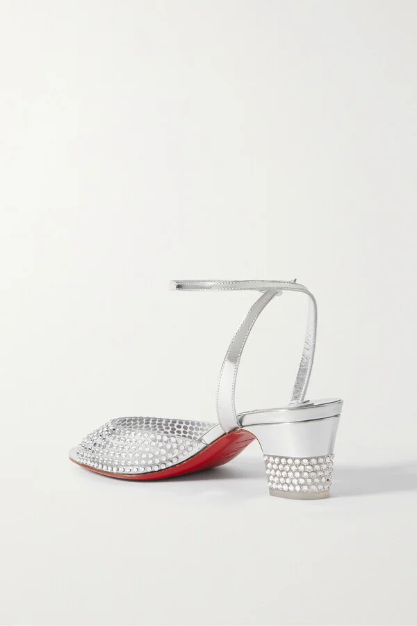Christian Louboutin - Cassandrissima 45 Crystal-embellished Pvc And Metallic Leather Sandals - Silver - Image 3