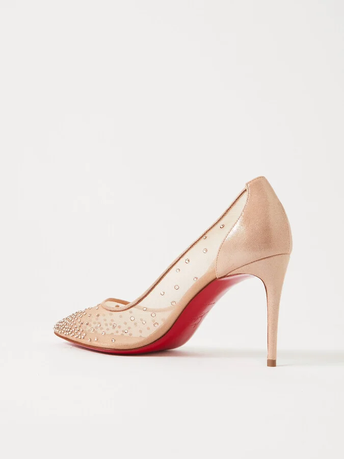 Christian Louboutin - Follies 85 Crystal-embellished Mesh And Glittered-leather Pumps - Neutrals - Image 3