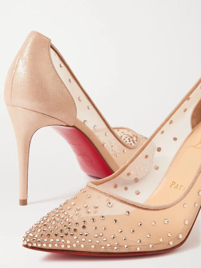 Christian Louboutin - Follies 85 Crystal-embellished Mesh And Glittered-leather Pumps - Neutrals - Image 4