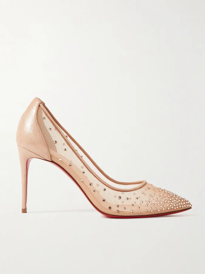 Christian Louboutin - Follies 85 Crystal-embellished Mesh And Glittered-leather Pumps - Neutrals