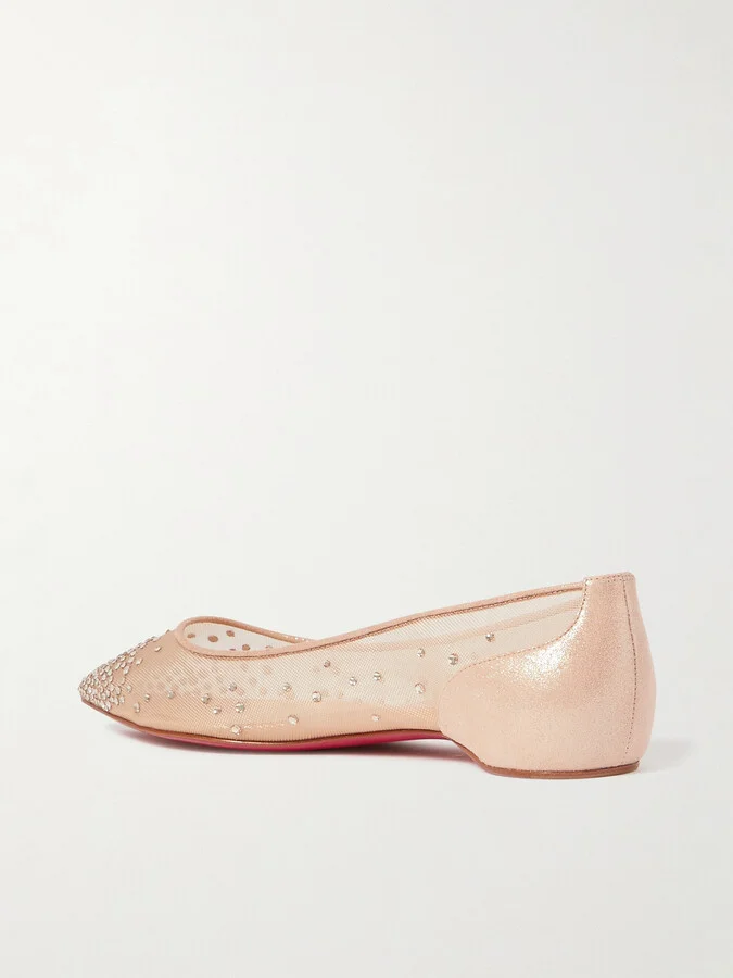 Christian Louboutin - Follies Swarovski Crystal-embellished Mesh And Lamé Point-toe Flats - Neutrals - Image 3