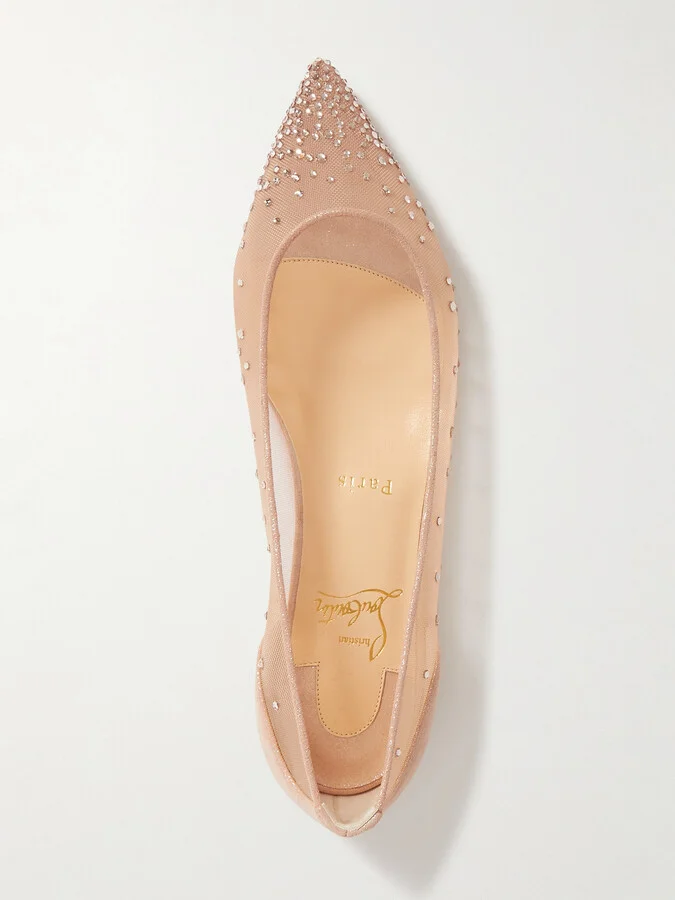 Christian Louboutin - Follies Swarovski Crystal-embellished Mesh And Lamé Point-toe Flats - Neutrals - Image 5