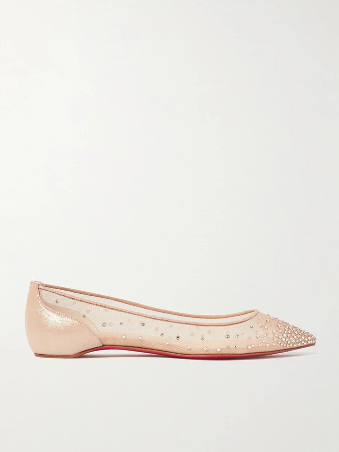 Christian Louboutin - Follies Swarovski Crystal-embellished Mesh And Lamé Point-toe Flats - Neutrals