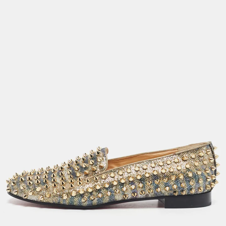 Christian Louboutin Gold Glitter Dandelion Spikes Smoking Slippers Size 40