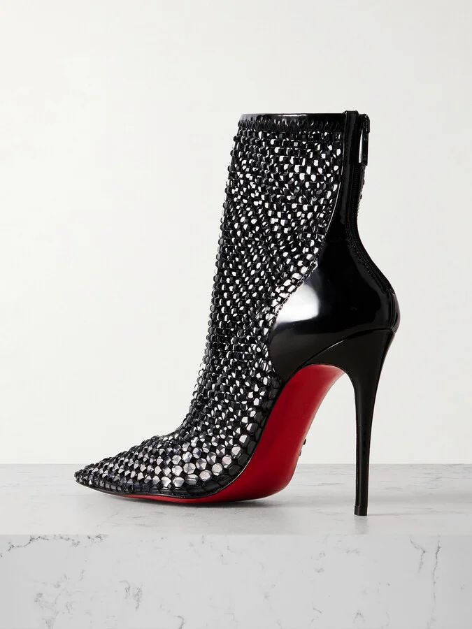 Christian Louboutin - Kate Max 100 Crystal-embellished Patent-leather And Mesh Ankle Boots - Black - Image 3
