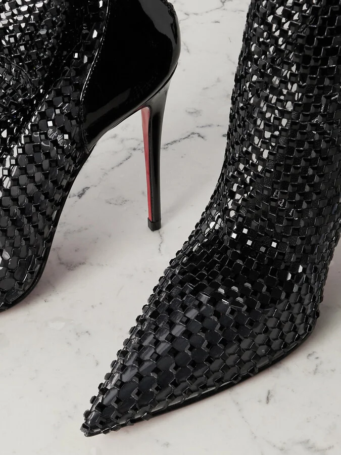 Christian Louboutin - Kate Max 100 Crystal-embellished Patent-leather And Mesh Ankle Boots - Black - Image 4