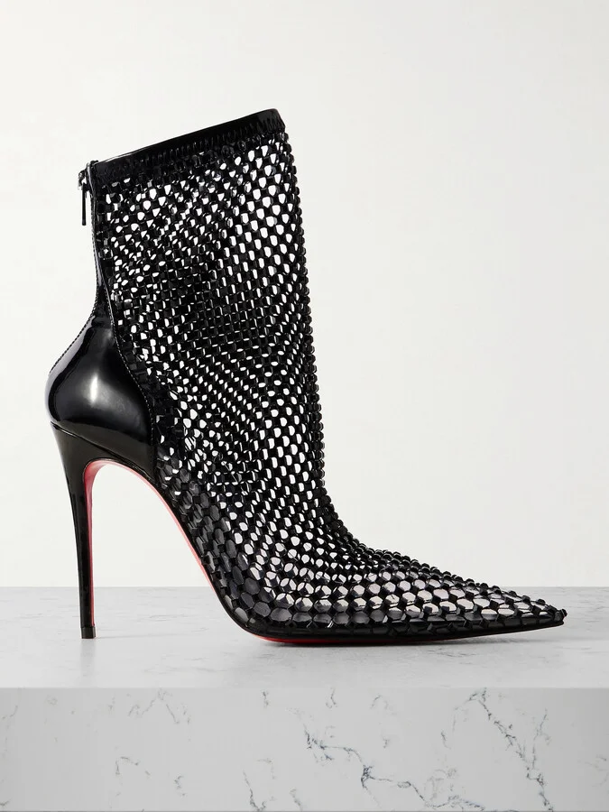 Christian Louboutin - Kate Max 100 Crystal-embellished Patent-leather And Mesh Ankle Boots - Black