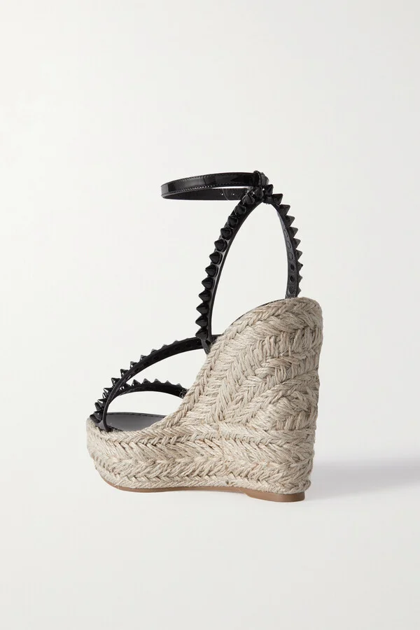 Christian Louboutin - Mafaldina Zeppa 120 Studded Patent-leather And Raffia Platform Sandals - Black - Image 3