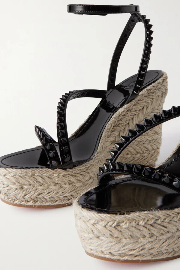 Christian Louboutin - Mafaldina Zeppa 120 Studded Patent-leather And Raffia Platform Sandals - Black - Image 4