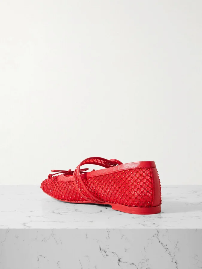 Christian Louboutin - Mamastrapitina Crystal-embellished Leather-trimmed Mesh Ballet Flats - Red - Image 3