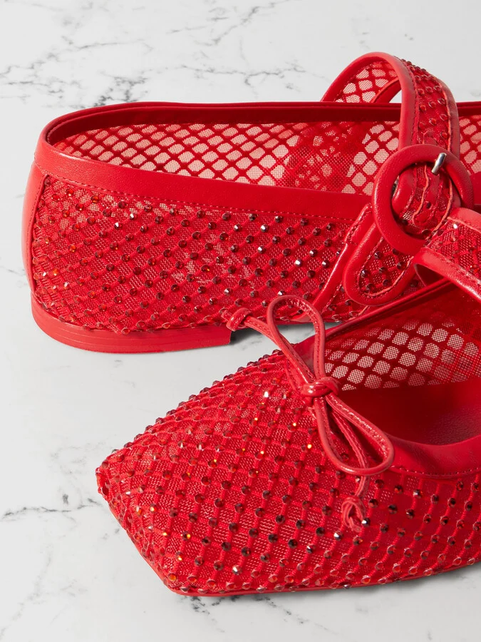 Christian Louboutin - Mamastrapitina Crystal-embellished Leather-trimmed Mesh Ballet Flats - Red - Image 4