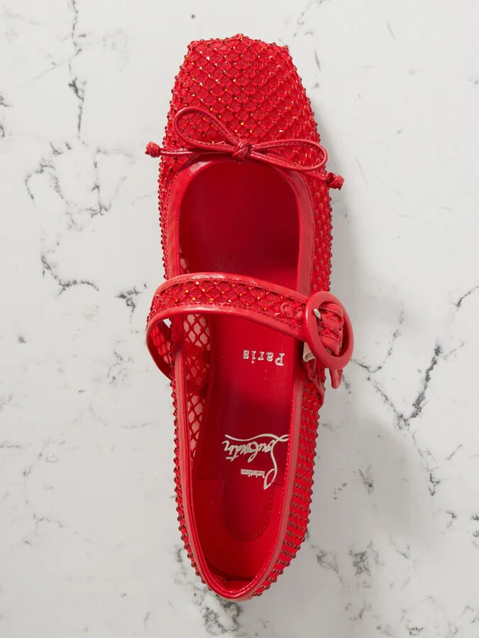 Christian Louboutin - Mamastrapitina Crystal-embellished Leather-trimmed Mesh Ballet Flats - Red - Image 5