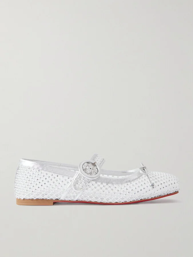 Christian Louboutin - Mamastrapitina Crystal-embellished Leather-trimmed Mesh Ballet Flats - White