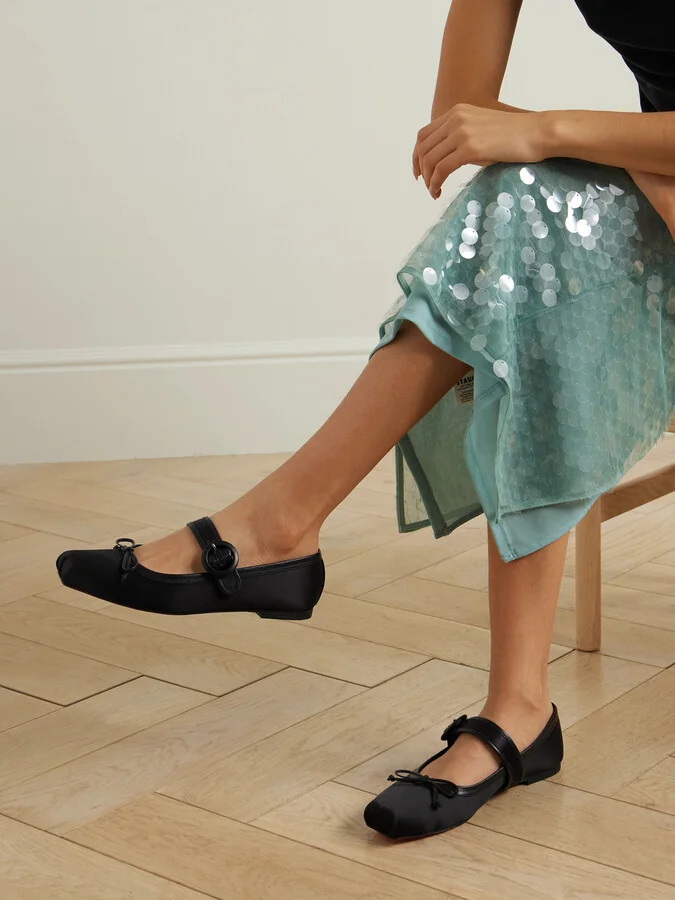 Christian Louboutin - Mamastrapitina Leather-trimmed Satin-crepe Ballet Flats - Black - Image 2