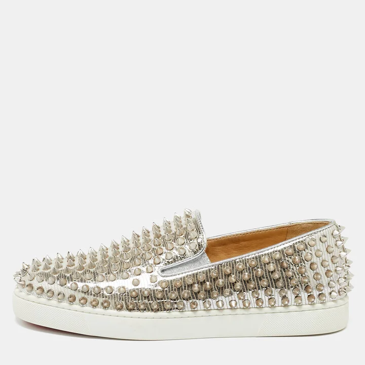 Christian Louboutin Metallic Silver Leather Roller Boat Slip On Sneakers Size 40