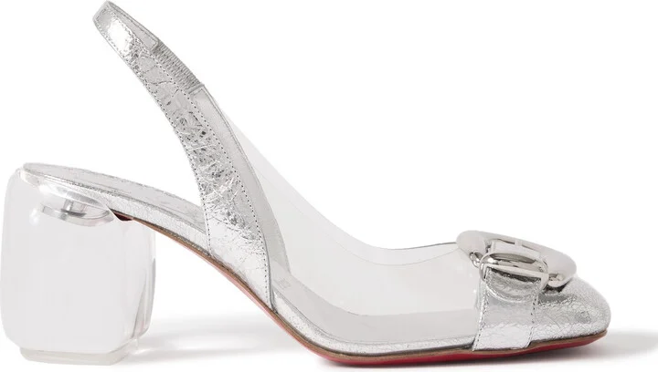 Christian Louboutin - Minny Bubble 70 Buckled Glossed And Pvc Slingback Pumps - Silver - Image 5