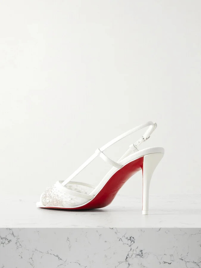 Christian Louboutin - Miss Z 80 Embellished Mesh And Leather Slingback Sandals - White - Image 3