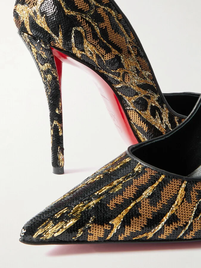 Christian Louboutin - Miss Z Ocelot 100 Lurex And Leather-trimmed Sequined Satin Pumps - Animal print - Image 4