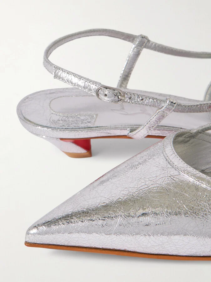 Christian Louboutin - Miss Z Slingina 25 Metallic Crinkled-leather Slingback Pumps - Silver - Image 4