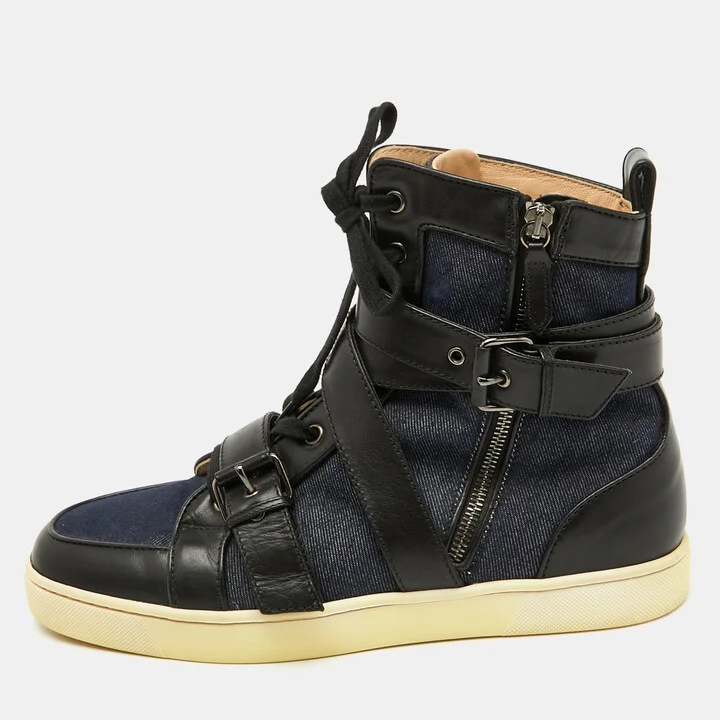 Christian Louboutin Navy Blue/Black Fabric and Leather High Top Sneakers Size 43
