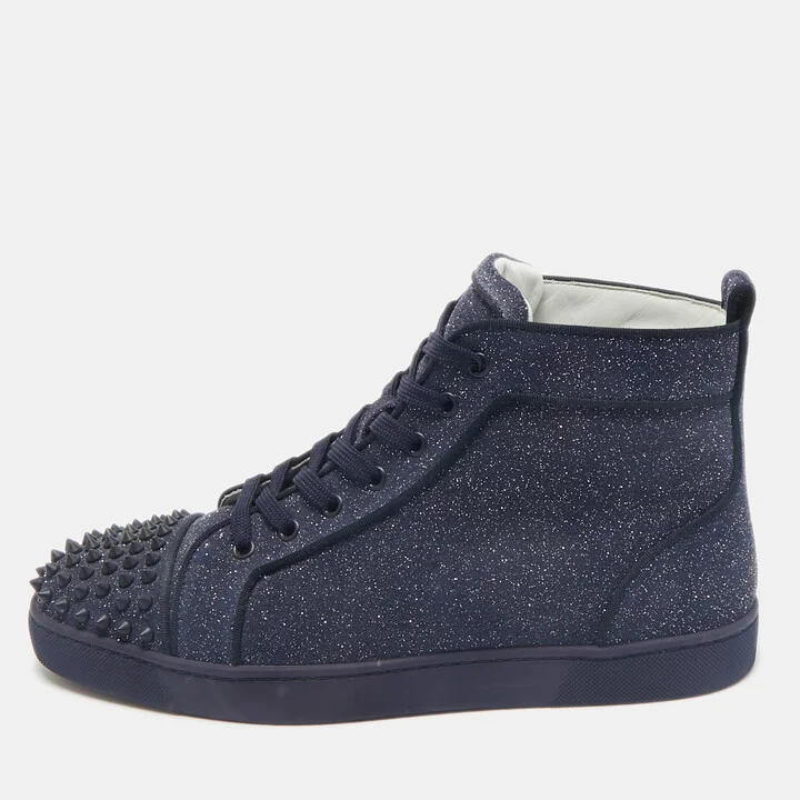 Christian Louboutin Navy Blue Glitter Lou Spikes High Top Sneakers Size 42.5