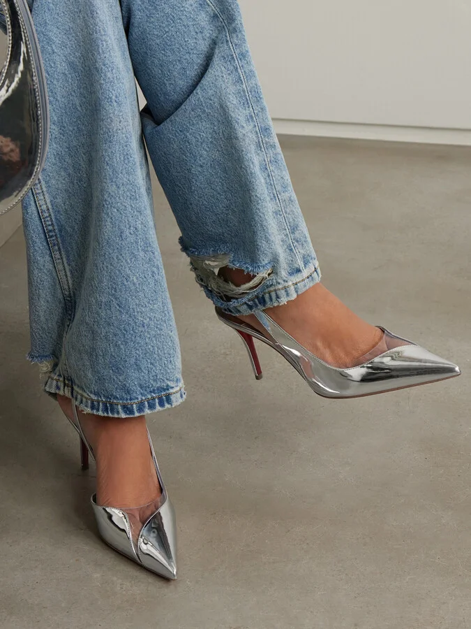Christian Louboutin - Posticha 80 Metallic Leather And Pvc Slingback Pumps - Silver - Image 2