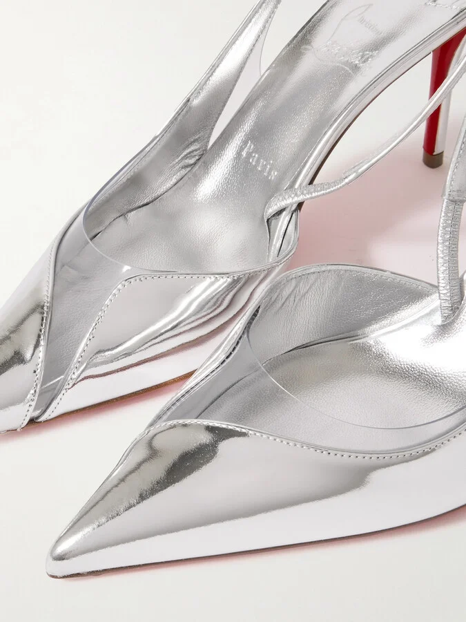Christian Louboutin - Posticha 80 Metallic Leather And Pvc Slingback Pumps - Silver - Image 4