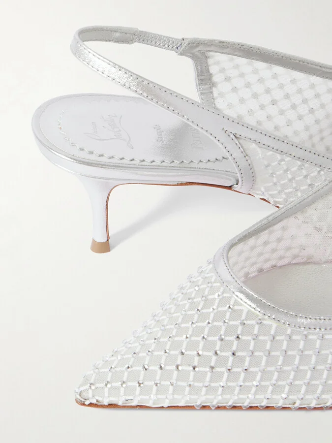 Christian Louboutin - Sporty Kate 55 Crystal-embellished Leather-trimmed Mesh Slingback Pumps - Silver - Image 4