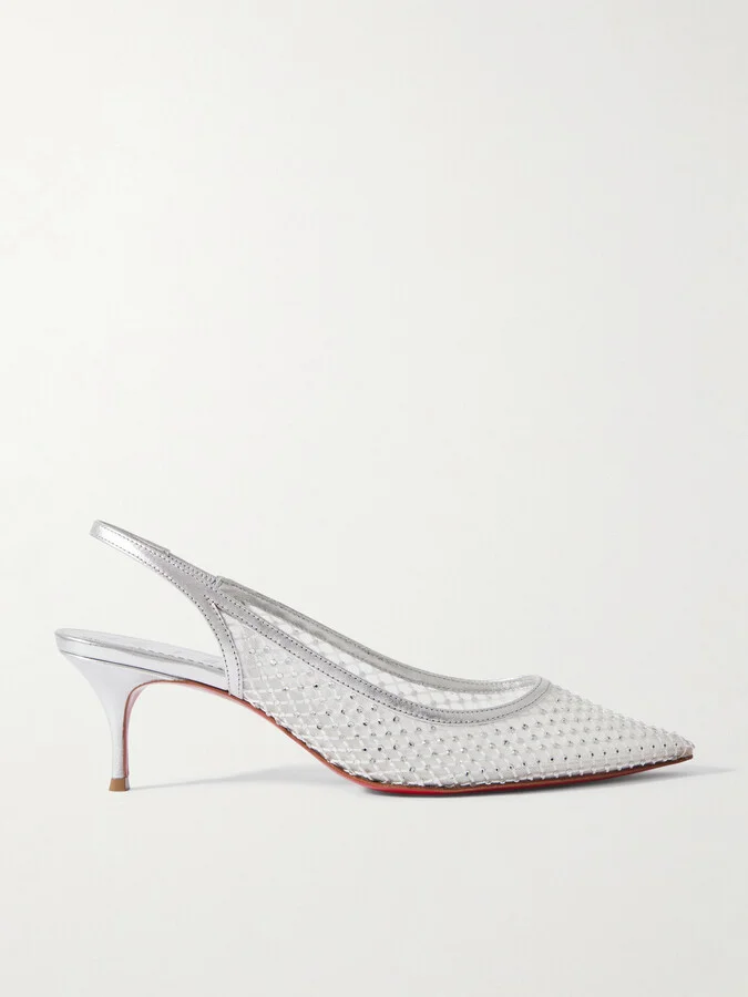 Christian Louboutin - Sporty Kate 55 Crystal-embellished Leather-trimmed Mesh Slingback Pumps - Silver