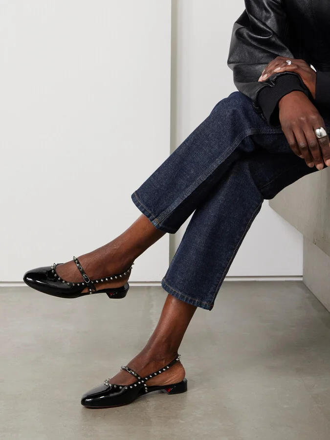 Christian Louboutin - Sweet Janispikes Studded Patent-leather Slingback Flats - Black - Image 2