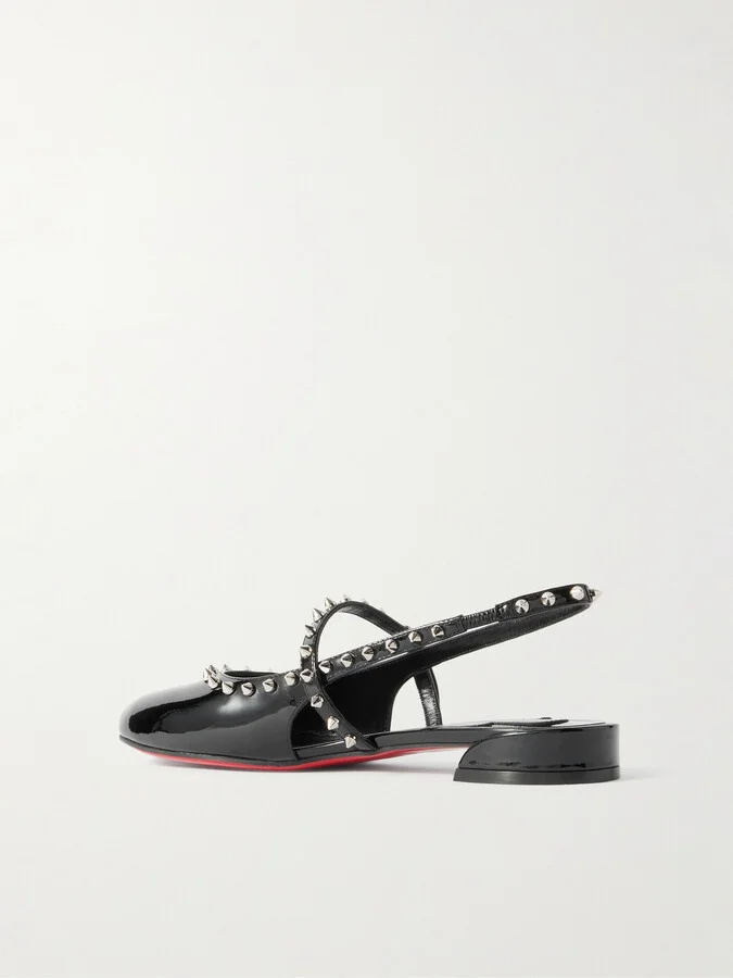 Christian Louboutin - Sweet Janispikes Studded Patent-leather Slingback Flats - Black - Image 3