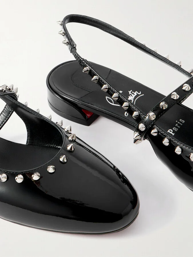 Christian Louboutin - Sweet Janispikes Studded Patent-leather Slingback Flats - Black - Image 4