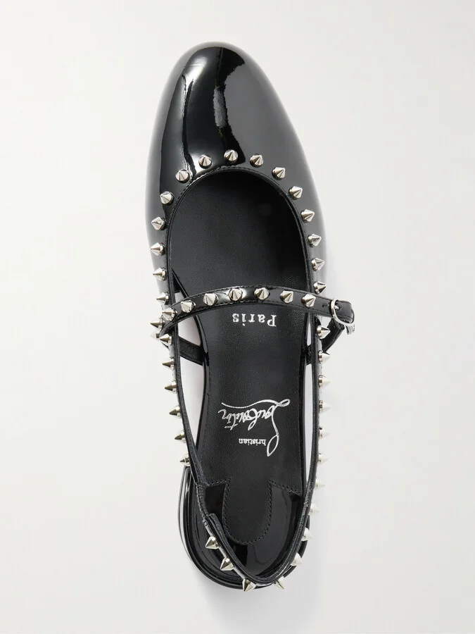 Christian Louboutin - Sweet Janispikes Studded Patent-leather Slingback Flats - Black - Image 5