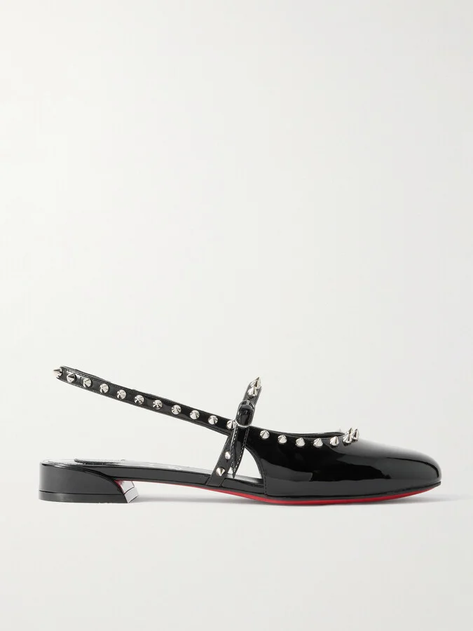 Christian Louboutin - Sweet Janispikes Studded Patent-leather Slingback Flats - Black