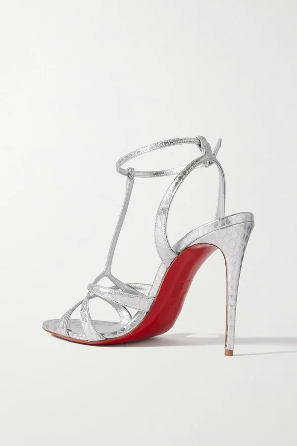Christian Louboutin - Tangueva Alta 100 Metallic Snake-effect Leather Sandals - Silver - Image 3