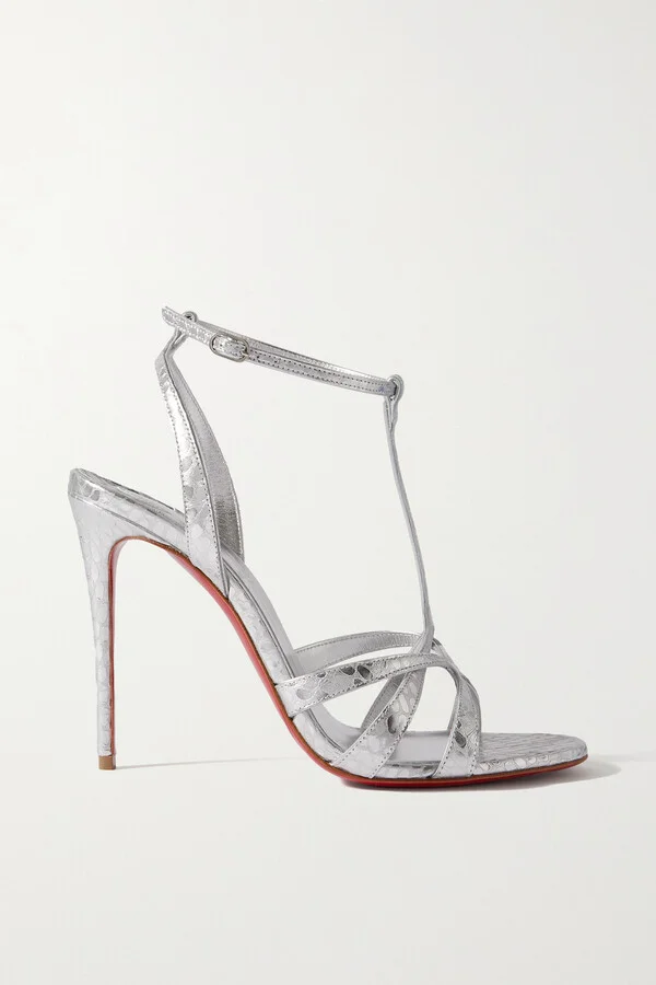 Christian Louboutin - Tangueva Alta 100 Metallic Snake-effect Leather Sandals - Silver