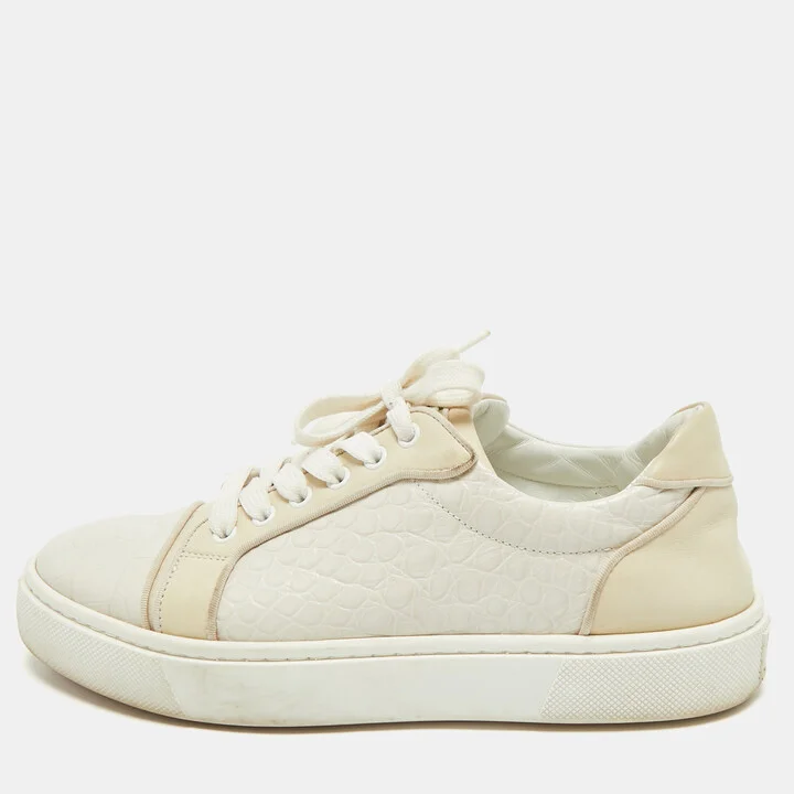 Christian Louboutin White/Cream Croc Embossed Leather Vieirissima Sneakers Size 40