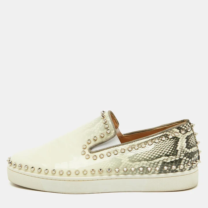 Christian Louboutin White/Grey Snakeskin Print Patent Leather Pik Boat Sneakers Size 40.5