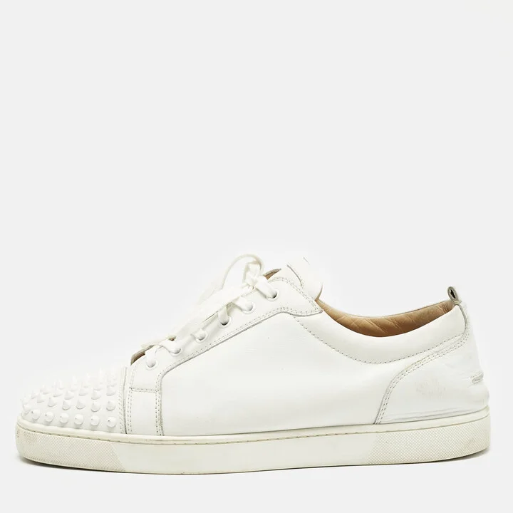Christian Louboutin White Leather Louis Junior Spikes Lace Up Sneakers Size 45.5