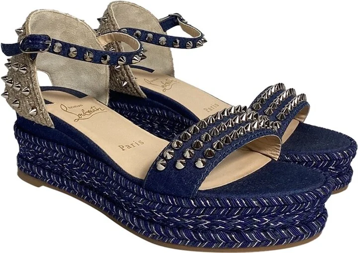 Christian Louboutin Women's Cotton denim Madmonica Spike Wedge Ankle-Strap Sandal (Authentic Pre-Loved)